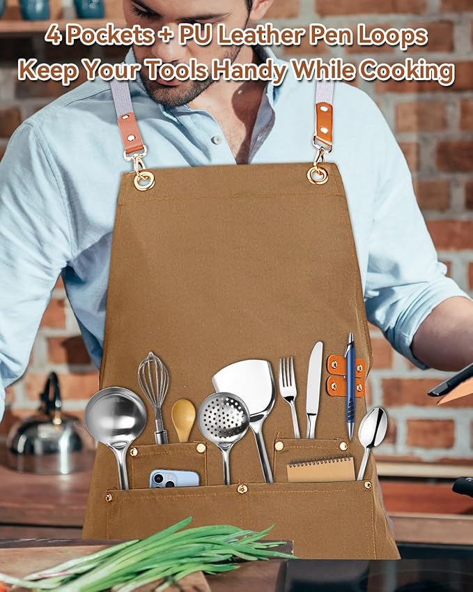Teskyer Kitchen Cooking Apron with Pockets, Water Oil Resistant, Canvas Cross Back Aprons for Men Women Chef Server