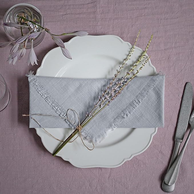 Handmade Cloth Napkins 100% Cotton Napkins with Fringe，Delicate Handmade Cloth Napkins for Dinners, Parties, Weddings and More，18 x 18 Inch Set of 12 - Light Grey
