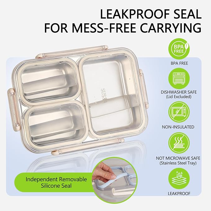 Stainless Steel Bento Box, 3 Compartments Leakproof Stainless Steel Snack Containers, 25 oz Premium 304 Metal Lunch Box for Adults, BPA-Free, Dishwasher Safe (Beige)