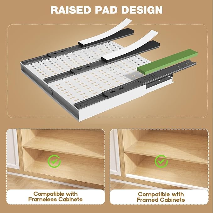 Seinloes 2 Pack Pull Out Cabinet Organizer With Raising Pad for Framed Cabinets,Expandable Width (13"-21") and Depth (17"-24"),3 Slide Rails Slide Out Drawers with Handle,No-Drill Roll Out Shelf,White