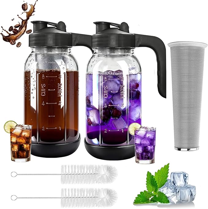 2 PCS Cold Brew Coffee Maker,64 oz Mason Jar Pour Spout Lid, Refillable Stainless Steel Filter,Non-slip Silicone Sleeve for Glass Pitcher, Homemade Beverage,For Home Baristas & Coffee Enthusiasts