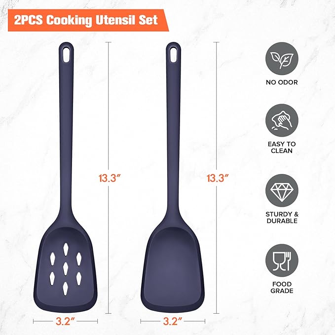 Silicone Cooking Spatula&Slotted Spatulas, Pack of 2,Solid Turner Kitchen Utensils Set for Cooking,Frying, Baking, Flipping, Turning,Heat Resistant 450℉ (BLUE)