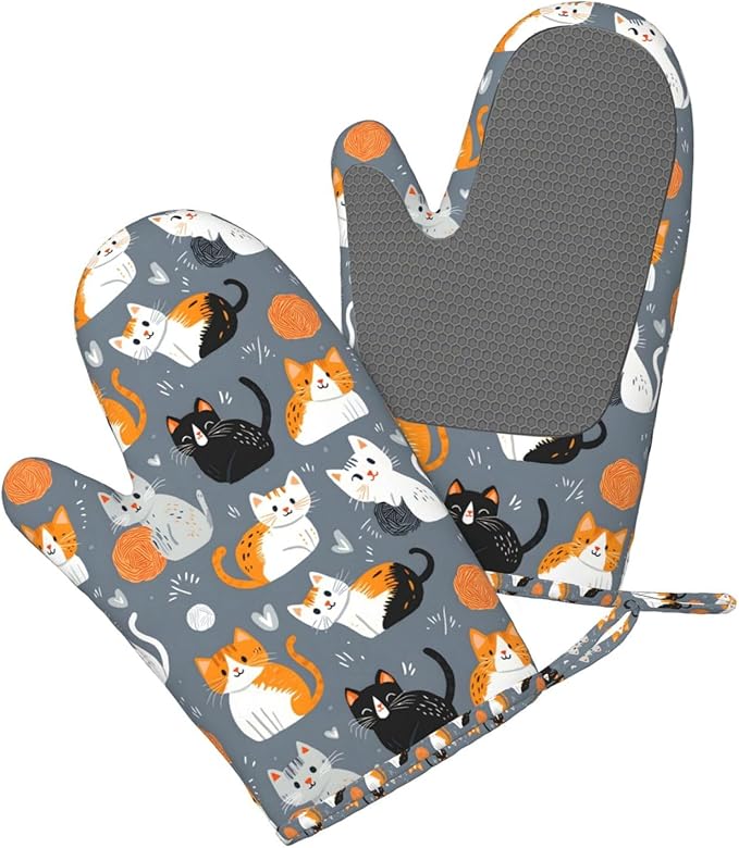 Grey Cat Silicone Oven Mitts Set of 2, Heat Resistant up to 500°F, Kitchen Oven Gloves with Non-Slip Grip and Soft Cotton Lining for Baking, Cooking and BBQ