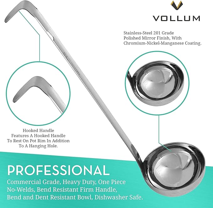 Vollum 1-Piece Ladle Heavy Duty Thick Stainless Steel - 16 Ounce (5" Bowl Diameter, 16" Handle Length)
