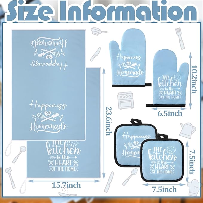 Sratte 6 Pcs Kitchen Decor Accessories Set Farmhouse Towels Pot Holders Oven Mitts Set 2 Dish Towels 2 Potholders 2 Cooking Mittens Oven Glove for Christmas Baking Cooking Supply(Light Blue,Kitchen)