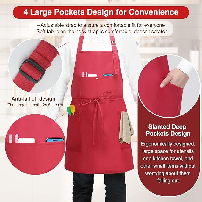 SHEOMERN 3 Pcs Dual Waterproof Oilproof Kitchen Chef Aprons with 4 Pockets for Men Women, Adjustable Soft Anti-Tear Cooking Bib Apron for Baking Grilling BBQ Painting Cleaning (Red)