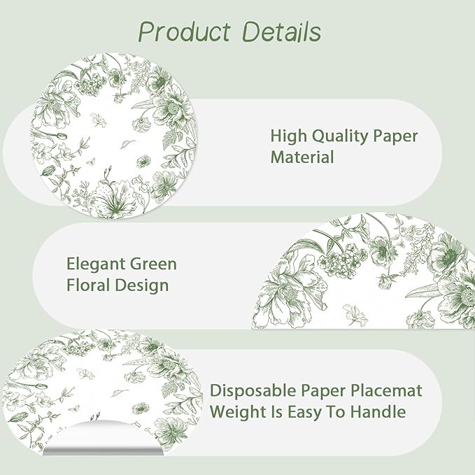 50 Pack Paper Placemats Disposable Green Floral Placemats 13.7 Inch Vintage Sage Green Flower Place Mats Chinoiserie Round Table Mats for Dinner Table Setting Birthday Wedding Party Supplies