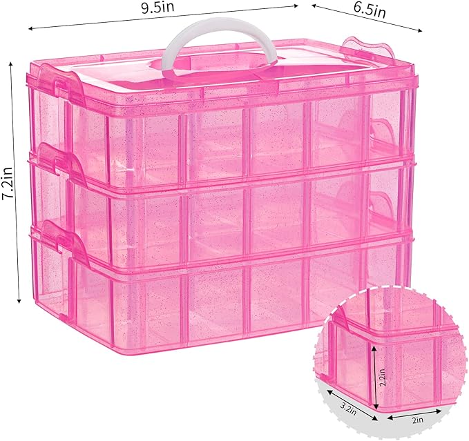 SGHUO Bead Organizers and Storage 3-Tier Pink Craft Container Stackable Box with Dividers for Art Supplies, Washi Tapes, Seed, Hair Accessories, Nail, 9.5X6.5X7.2in