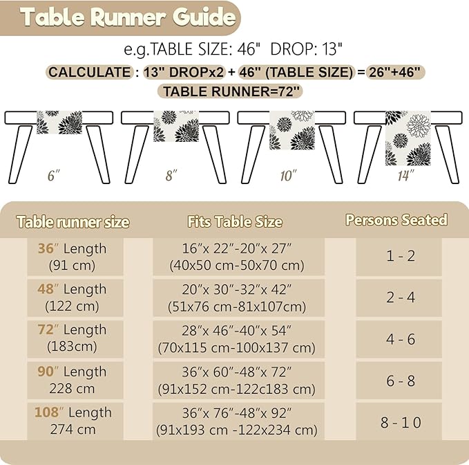 Black Gray Table Runner Dahlia Pinnata Flower Beige Table Runners Modern Elegant Pompon Farmhouse Geometric Coffee Table Center Decor for Home Kitchen Dining Party 13 x 108 Inch