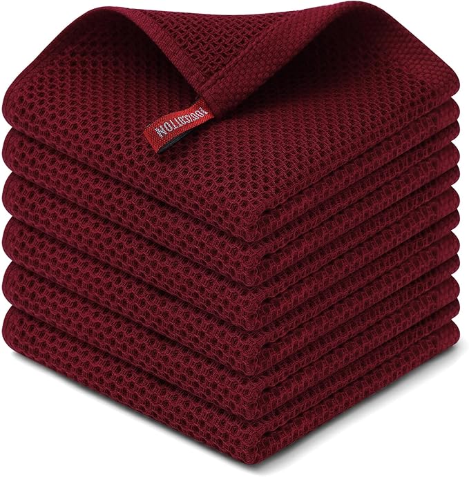 Kitinjoy 100% Cotton Kitchen Dish Cloths (12 X 12 Inches, Burgundy), 6 Pack Waffle Weave Ultra Soft Absorbent Dish Towels for Drying Dishes Quick Drying Kitchen Towels Dish Rags