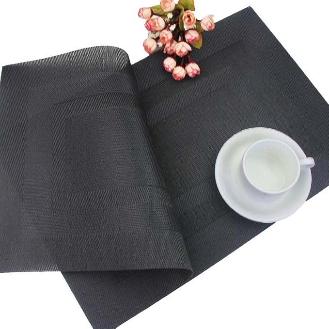 PIGCHCY Placemats Set of 12 Washable Durable Place Mats Vinyl Heat Resistant Non-Slip Table Mats Indoor Outdoor (Pure Black)