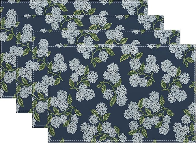 Navy Blue Placemats Set of 4 Blue Green Hydrangea Flower Decor Place Mats 12x18 Inch Vintage Floral Spring Summer Seasonal Decorative Linen Table Mats for Kitchen Dining Party Table Decoration
