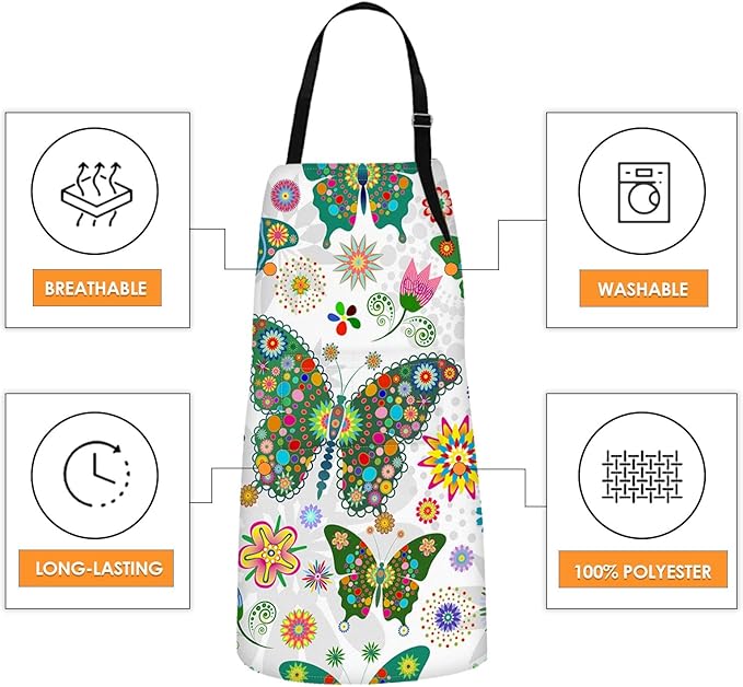 Britimes Butterfly Apron Floral Colorful Butterflies Flowers Aprons Kitchen Cooking Gardening for Women With Pockets