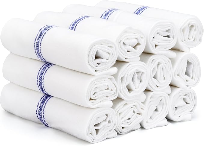 TEXAS LINEN CO. Cotton Kitchen Towels 12 Pack - 15 x 25 Inches - Highly Absorbent Dish Towels for Kitchen Drying, Soft Durable Reusable Quick Dry Tea, Kitchen and Dish Cloths Set - Blue Stripe