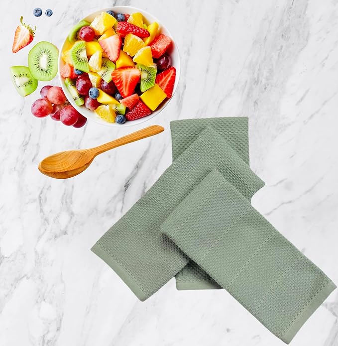 Serafina Home Sage Green Kitchen Dish Towels: 100% Cotton Cloth Soft Cleaning Drying Absorbent Textured Terry Loop, Set of 3 Multipurpose for Everyday Use