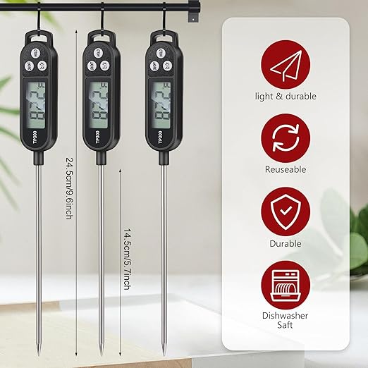 Copkim 6 Pcs Instant Read Meat Thermometer with Long Probe 9.65 Inch Kitchen Cooking Food Candy Waterproof Digital Thermometer for BBQ Water Milk Yogurt Liquid Cooking(Black)