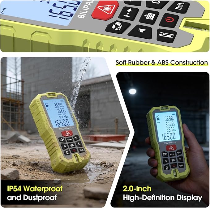 Laser Measure, 165ft Digital Laser Distance Meter with 2 Bubble Levels, 2" Backlit LCD, High Precision Laser Measuring Tool,Area Measurement,Volume and Pythagoras, Mute, Battery Included
