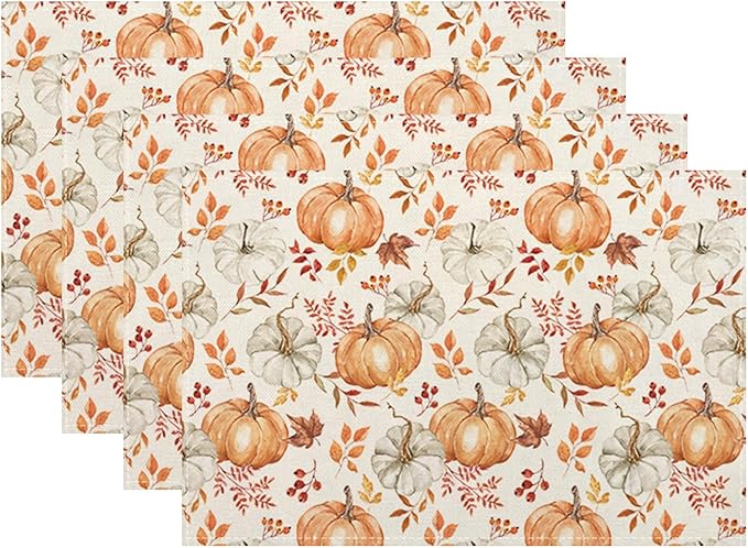 Fall Placemats Set of 4 Orange Grey Pumpkin Leaves Floral Decor Place Mats 12x18 Inch Autumn Leaf Harvest Thanksgiving Decorative Linen Table Mats for Home Kitchen Dining Party Table Decoration