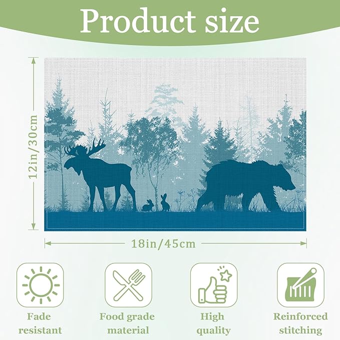 Misty Bear Deer Placemats Set of 6, Washable Heat Resistant Table Mat Forest Animal Linen Place Mats for Party Kitchen Dining Home Decor 12x18 Inch