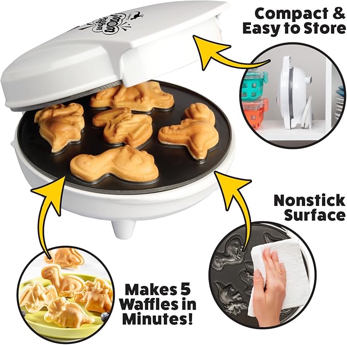 Dinosaur Mini Waffle Maker- 5 Different Double Sided 3D Shaped Dinos in Minutes- Kids Adults Breakfast Fun w/Cool Novelty Pancakes, Electric Baker, Non-Stick Waffler Iron w Recipe Guide, Gift for Him