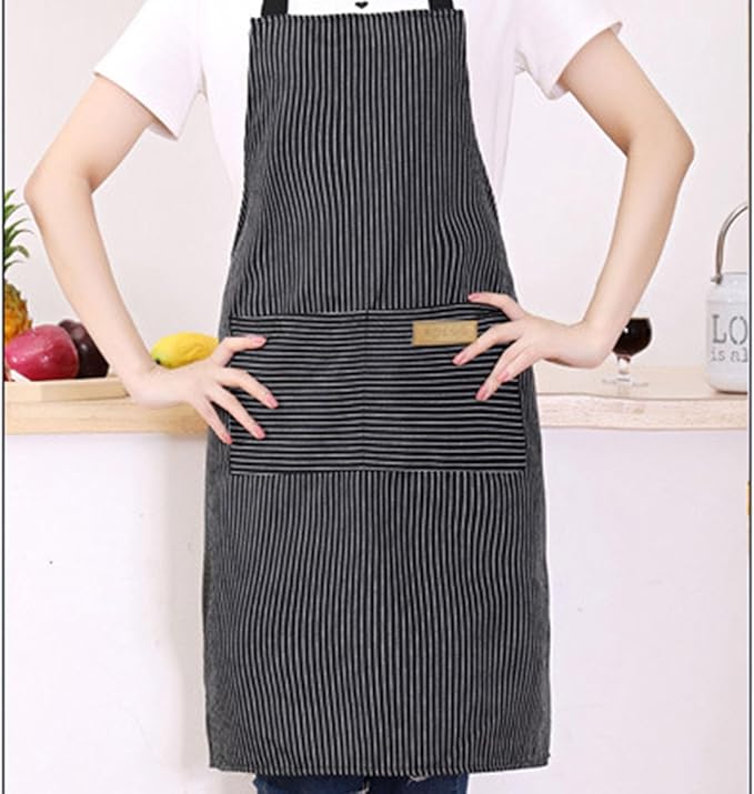 DILLMAN Kitchen Cooking Adjustable Aprons - Men Women Bib Soft Chef Stripes Apron with 2 Pockets