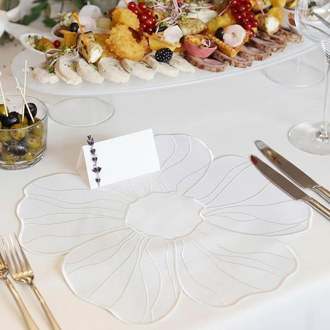 Moukeren Set of 6 Elegant Floral Placemat 16'' Flower Shaped Place Mat Flower Embroidery Table Mat for Wedding Bridal Shower Baby Shower Mother's Day Party Kitchen Dining Table Decor(White)
