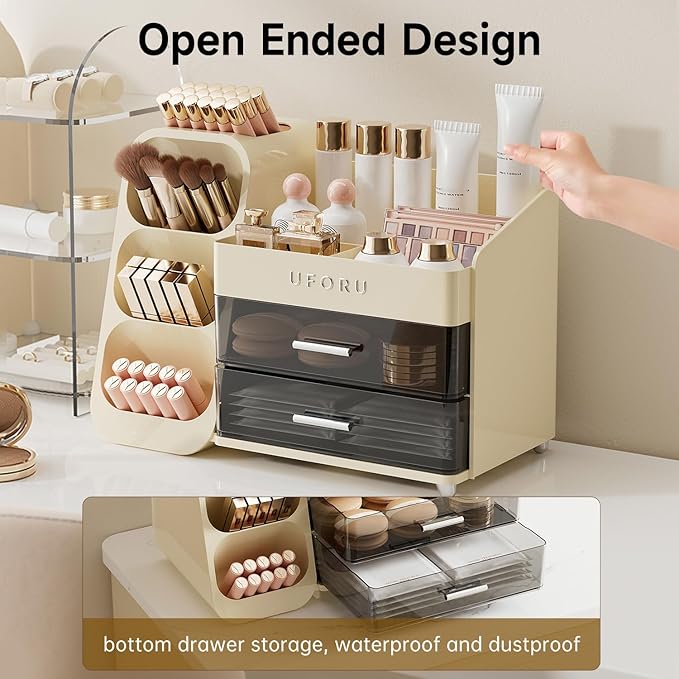 Makeup Organizer for Vanity with Brush Holder, Large Plastic Bathroom Countertop Skincare Organizer with 2 Drawers, Spacious Cosmetic Display Case for Perfumes, Eyeshadow Palettes, Nail Polishes