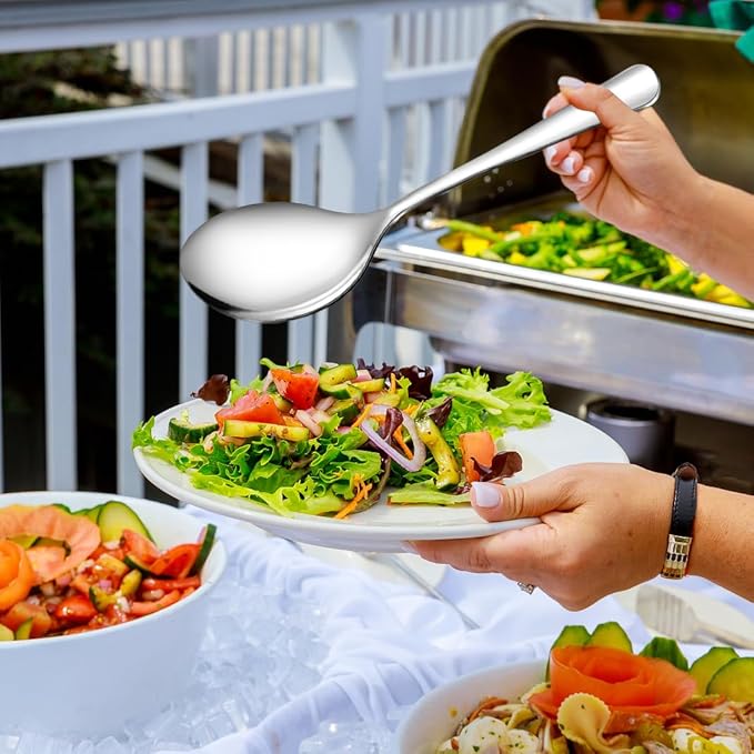 Teivio Stainless Steel Metal Serving Utensils - Large Set of 9-10" Spoons, 10" Slotted Spoons, and 9" Tongs (Silver)