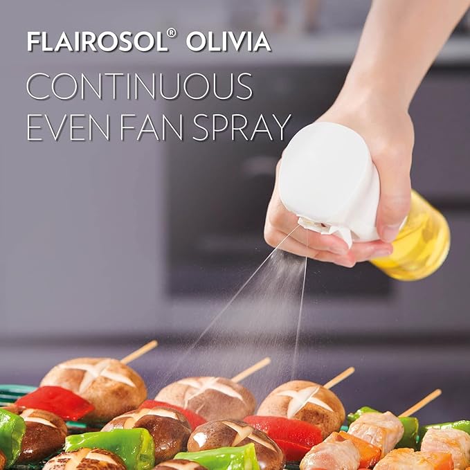 FLAIROSOL OLIVIA Signature The Original Advanced Oil Sprayer for Cooking, Kitchen, Salads, BBQs, Continuous Spray with Portion Control, 130ml Glass Olive Oil Sprayer(White Print)