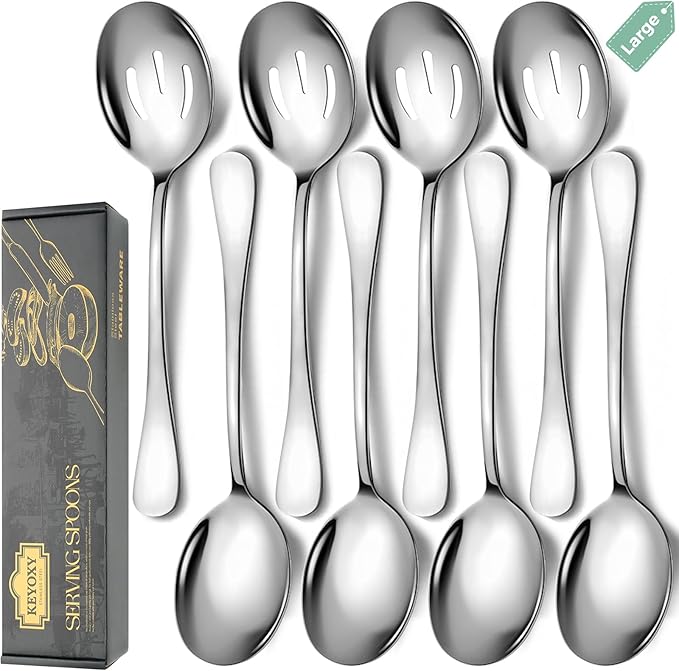 Stainless Steel Serving Spoons Set, 8pc, 10-Inch, Includes 4 Large, 4 Slotted, for Parties/Kitchen/Buffet/Catering, Dishwasher Safe