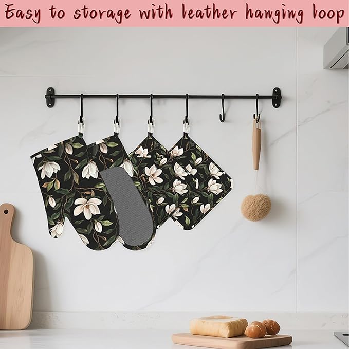 White Magnolia Oven Mitts and Pot Holders (4PCS),Heat Resistant Non-Slip Silicone Kitchen Gloves for Cooking, Baking, BBQ Waterproof Kitchen Accessories