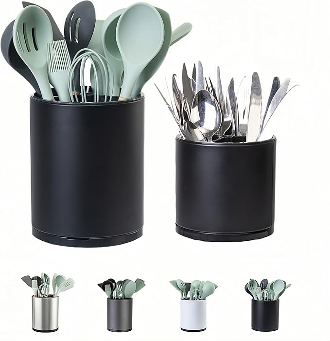 LIBODOUR Utensil Holder,Extra Large Utensil Holder for Kitchen Counter, Silverware Organizer, Stainless Steel Storage Cooking Caddy Flatware Spoon Spatula Tool Cutlery Container(2 Set)