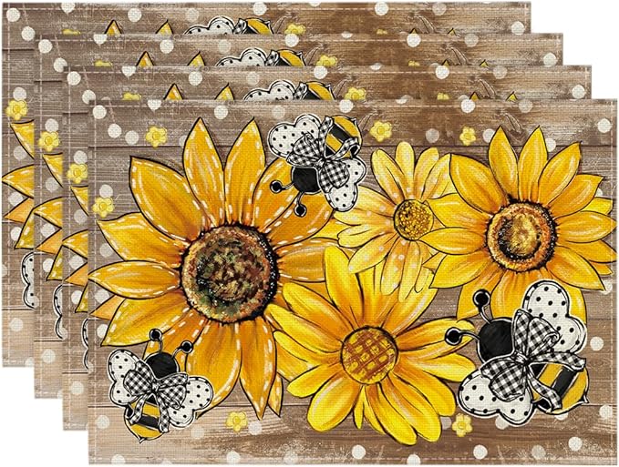 Artoid Mode Wood Sunflower Bee Flower Polka Dot Summer Placemats Set of 4, 12x18 Inch Table Mats for Table Runner Party Kitchen Dining Decoration