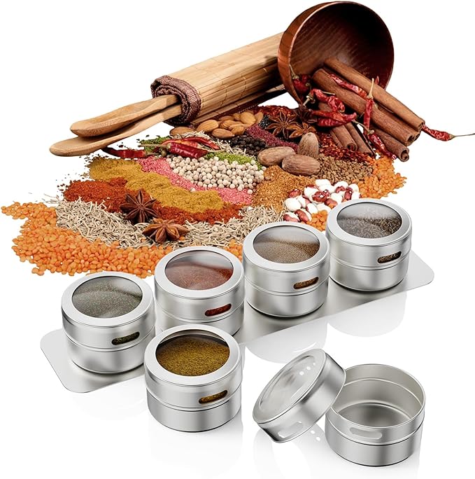 Vetacsion Set of 16 Magnetic Spice Tins with 4 Metal Wall-Plates,100 Preprinted Seasoning Label Stickers,2 Styles for 3 oz Herb Jars