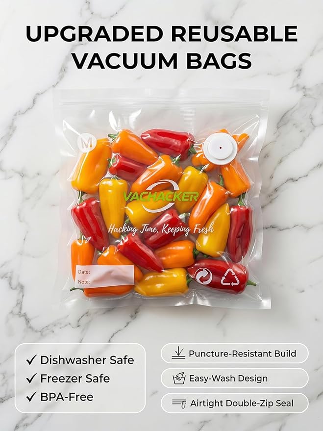 30 Pack Multi-Size Reusable Vacuum Sealer Bags with Valve(15 Small 8"x8", 15 Medium 10"x11"), BPA Free Replacement Bags for Handheld Sealer, Perfect Starter Kit Refill, Dishwasher & Freezer Safe