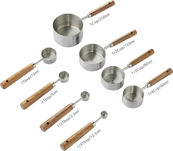 8PCS Measuring Cups, DAJLFA Stainless Steel Measuring Cups and Spoons Set with Ergonomic Wooden Handle for Cooking & Baking
