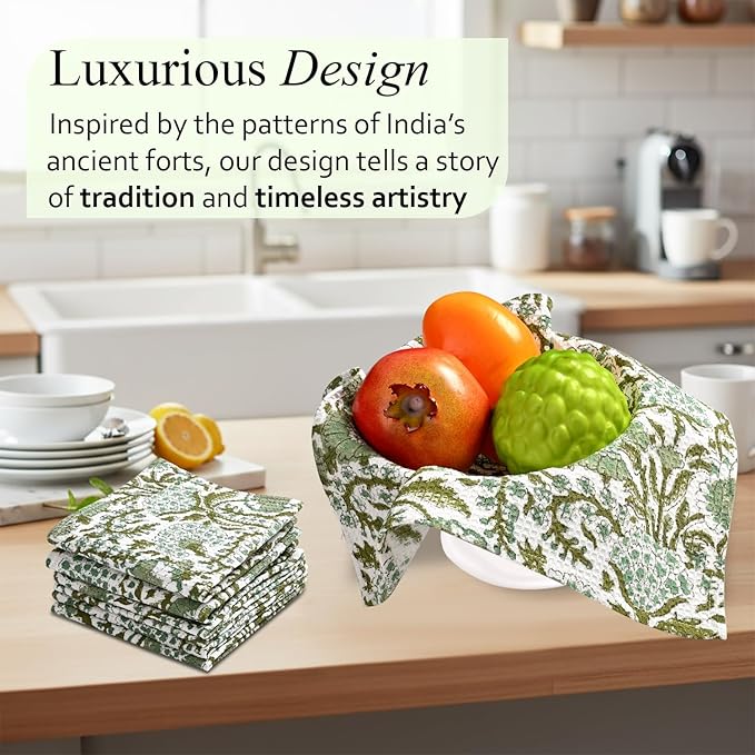 CPC Agate Green Hand Block Printed Cotton Waffle Dish Cloth Set of 12-12x12 Inch Super Absorbent, Soft, Reusable Kitchen Towels for Dish Drying & Cleaning Ideal for Spring, Mother's Day