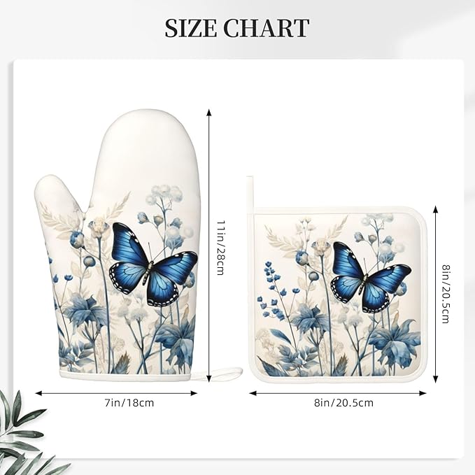 Oven Mitts and Pot Holders Butterfly Blue Flower Boho Silicone Kitchen Accessories Set of 2 Heat Resistant Long Gloves Potholder Non-Slip Grip for Chef Cooking,Baking,Grilling,BBQ