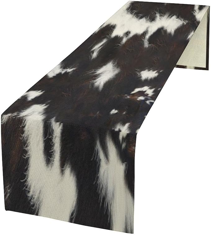 Cow Skin Print Table Runner, Rustic Country Farmhouse Animal Fur Skin Western Farm Black Brown Cowhide Print Dinner Runner Table Decoration for Home Kitchen Dining 13"x70"