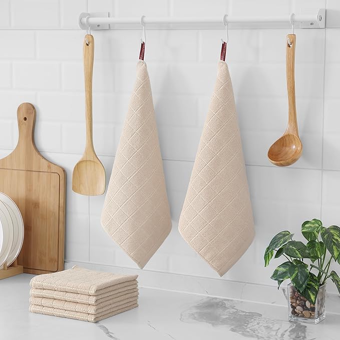 Homaxy 100% Cotton Terry Kitchen Dish Cloths, Ultra Soft and Absorbent Dish Towels for Kitchen, Suitable for Drying and Washing Dishes, 4 Pack, 12 x 12 Inches, Beige
