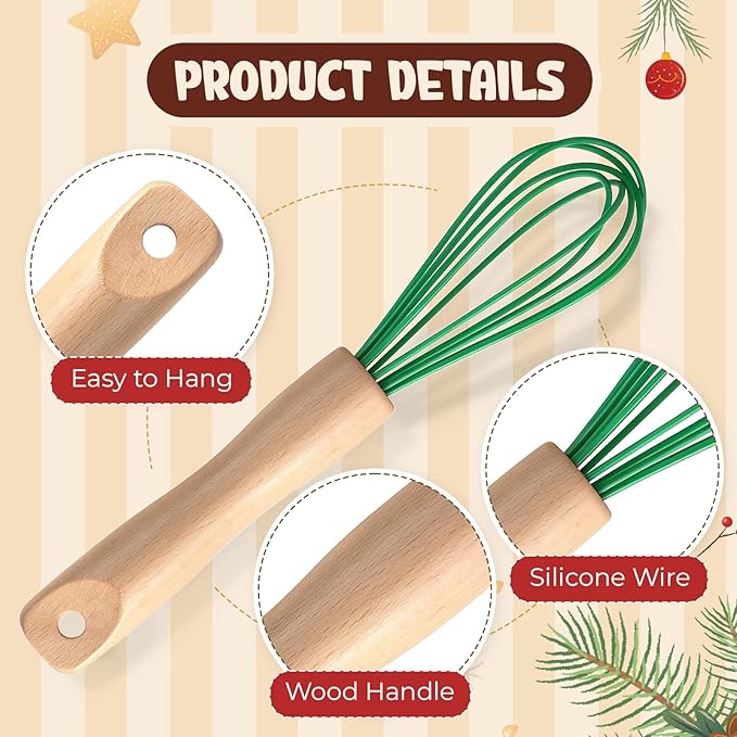 Baderke 20 Sets Baking Gifts Set Includes 8 Inch Silicone Whisk with Wood Handle Wired Stainless Steel Whisk Set Greeting Cards Plastic Bags for Party Birthday Christmas Stuffers Gift(Green)