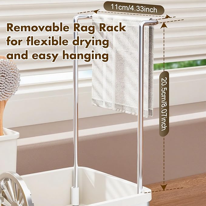 Sink Caddy, Stainless Steel Sink Caddy with Brush Holder, Kitchen Sink Caddy Dishcloth Rack and Holds Soap Dispenser, Sink Organizer Auto-Drain Rustproof Countertop Organizer (White)