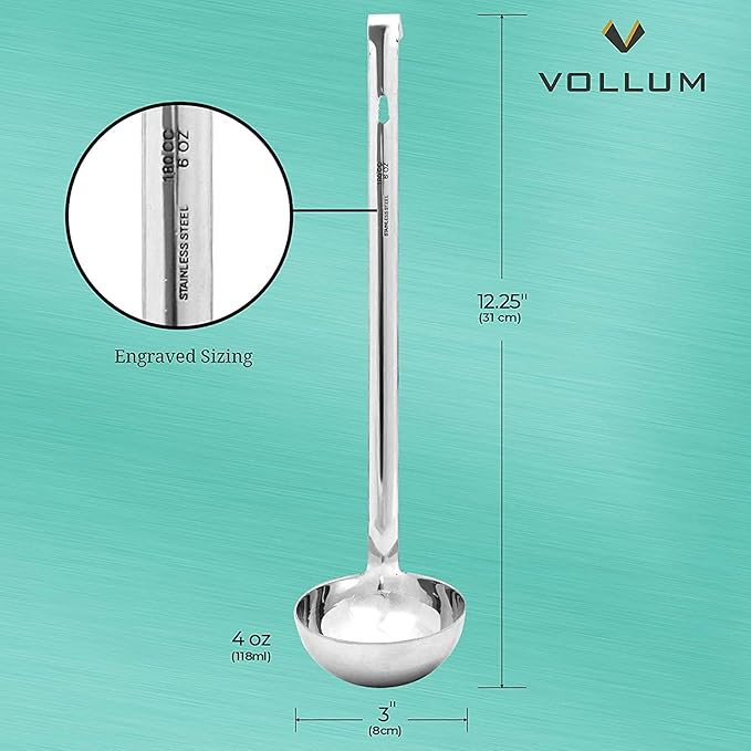 Vollum 1-Piece Ladle Heavy Duty Thick Stainless Steel - 4 Ounce (3.1" Bowl Diameter, 12.25" Handle Length)
