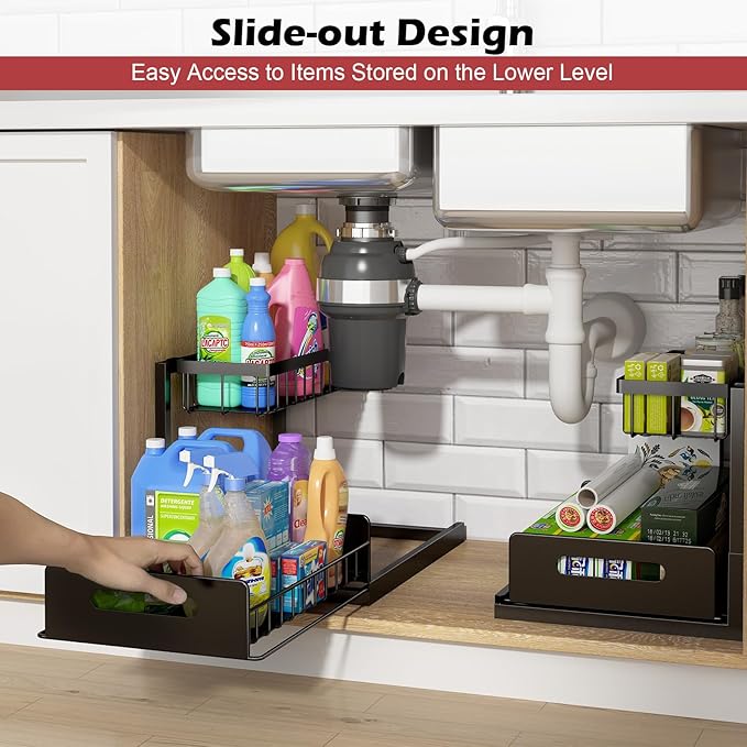 REALINN Under Sink Organizer, Pull Out Cabinet Storage 2 Tier Slide Out Sink Shelf, Kitchen Organizers and Storage, Black, 1 Pack