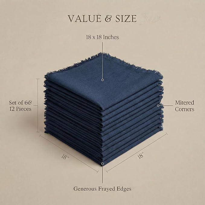 ACCENTHOME Navy Cotton Linen Napkin Set of 12 18x18 inch Dinner Napkins - Washable Soft Premium Hotel Quality Reusable Hemmed Edges Napkins Perfect Table Linens for Family Dinners, Weddings