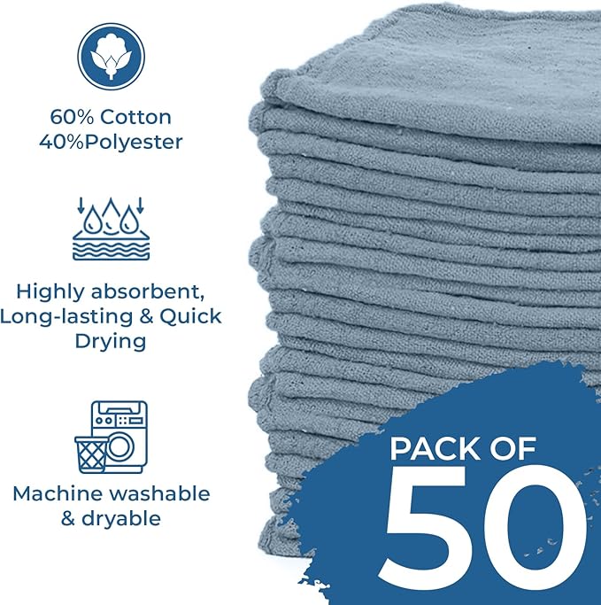 DAN RIVER Shop Towels, 50 Pack Commercial Use Medium Blue Terry Cloth Rags for Cleaning Cars & Household Surfaces – Well Absorbent, Reusable Cleaning Rags & Wash Clothes – Washable Towels