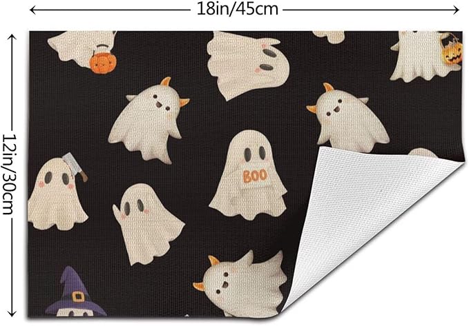 Halloween Cute Placemats 12x18 Inch Set of 4, Halloween Funny Ghost Pumpkin Table Place Mat Black and White Ghost Washable Table Mats Decorative Linen Fabric Table Mat for Dining Table