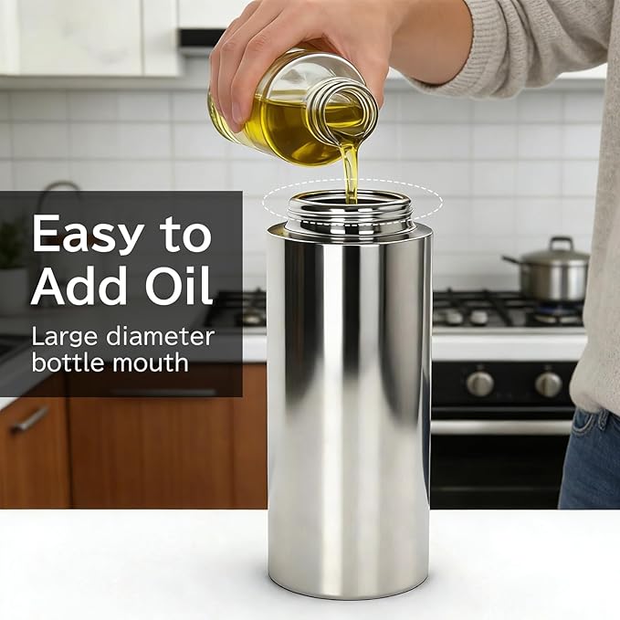 moniko 2-in-1 Oil Dispenser and Oil Sprayer, 16oz/470ml Stainless Steel Olive Oil Sprayer Bottle for Kitchen Cooking, Air Fryer, BBQ, Salad, Baking