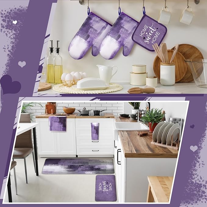 Fourluoo 10 Pcs Grey and Purple Kitchen Decor Purple Oven Mitts and Pot Holders Kit Farmhouse Dish Towels Kitchen Rugs Marble Pattern Oven Gloves for Home Baking Cooking Birthday Summer Gifts Decor