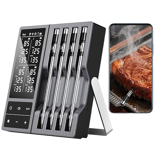 Smart Wireless Meat Thermometer with 4 Probes & 800ft Range, Bluetooth Grill Food Thermometer, Digital Backlit Screen, 0.5S Instant Read, NIST ±0.5℉ Accuracy for Kitchen BBQ, Oven, Smoker, Air Fryer